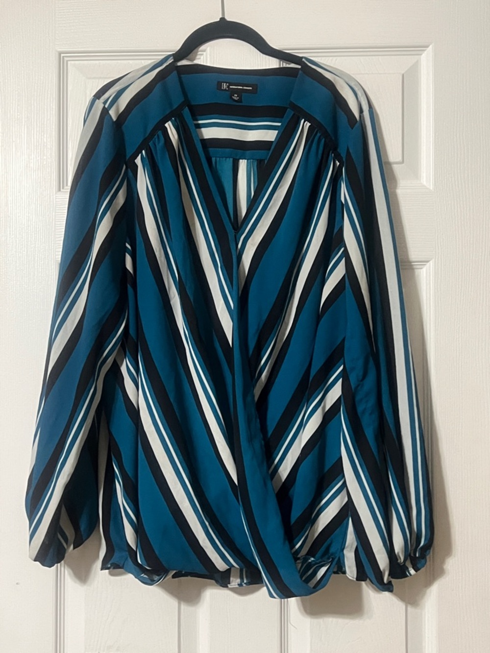 INC International Concepts Teal, Black & White Diagonal-Stripe Wrap Blouse